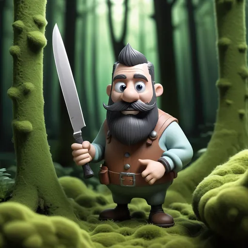 Prompt: a cartoon character with a beard and mustache holding a large knife in a forest with moss and trees in the background, Cedric Seaut (Keos Masons), fantasy art, claymation, an ambient occlusion render