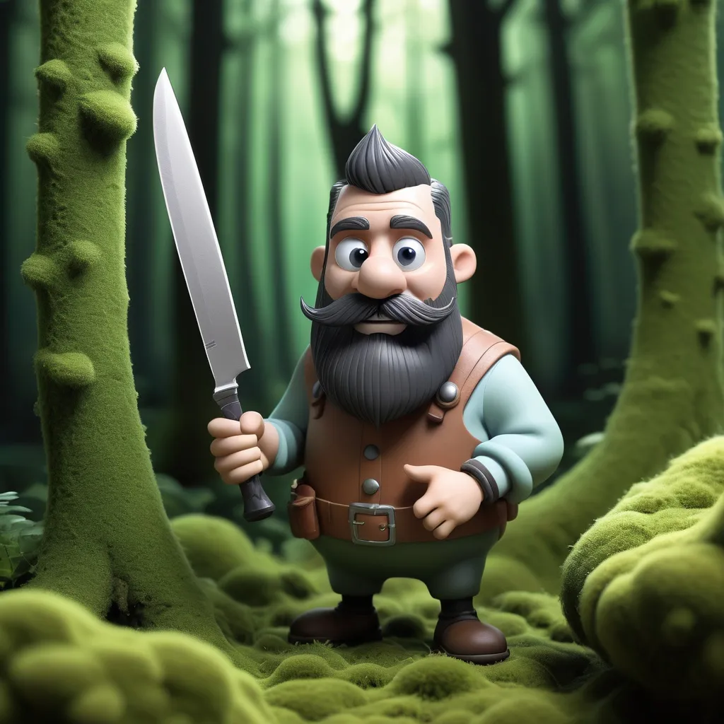 Prompt: a cartoon character with a beard and mustache holding a large knife in a forest with moss and trees in the background, Cedric Seaut (Keos Masons), fantasy art, claymation, an ambient occlusion render