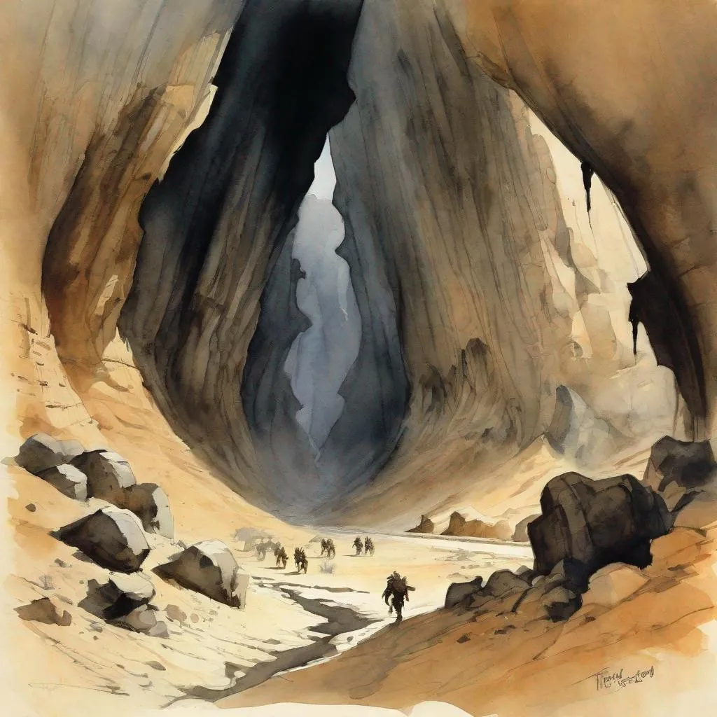 Prompt: dnd scene map, desert canyon,  dark and eerie, claustrophobic, watercolour by frank frazetta