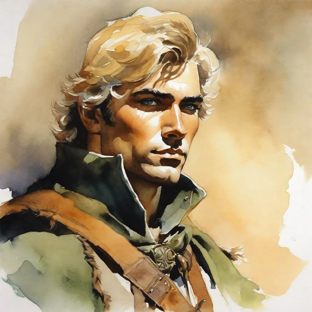 Prompt: half elf, man,  adventurer, dirty blonde short hair, portrait , watercolour by frank frazetta