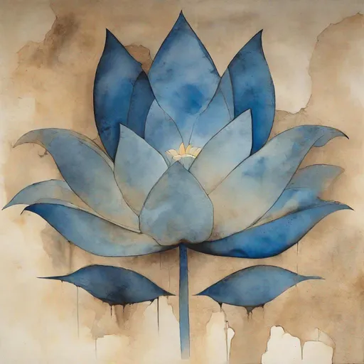 Prompt: abstract 2D blue lotus symbol with a faint glow carved onto a sandstone wall watercolour by frank frazetta