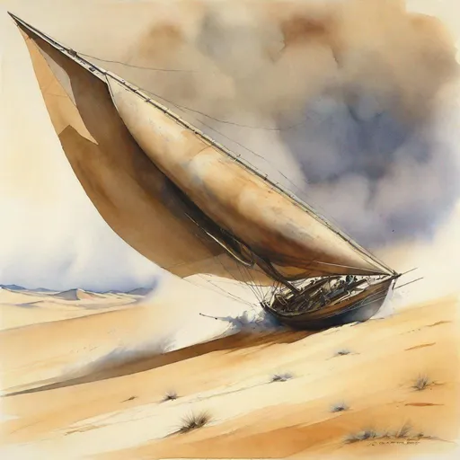 Prompt: trimaran wooden sailing boat riding on desert dunes, outrunning sand storm, single person, watercolour by frank frazetta