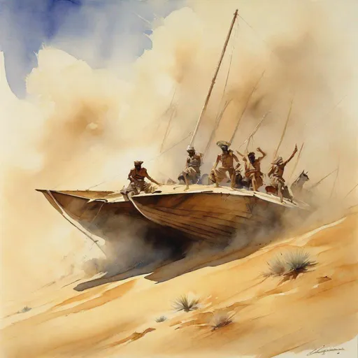 Prompt: catamaran wooden sailing boat riding on desert dunes, outrunning sand storm watercolour by frank frazetta