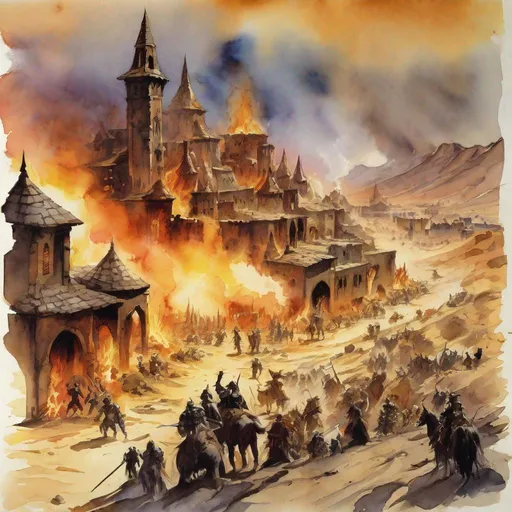 Prompt: dnd scene map, fantasy, burning guildhall, on fire, desert themed dense and busy town, watercolour by frank frazetta