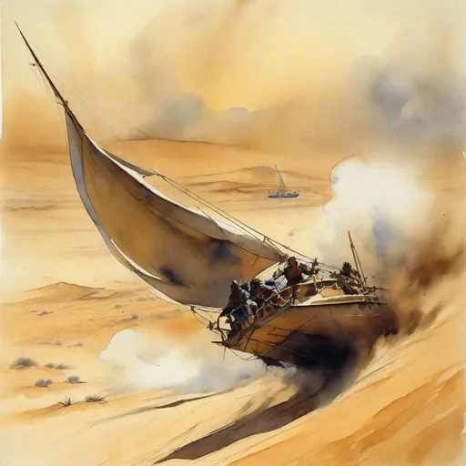 Prompt: catamaran wooden sailing boat riding on desert dunes, outrunning sand storm watercolour by frank frazetta