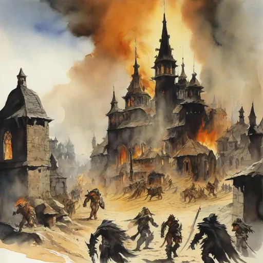 Prompt: dnd scene map, fantasy, burning church, within a dense, busy town, watercolour by frank frazetta