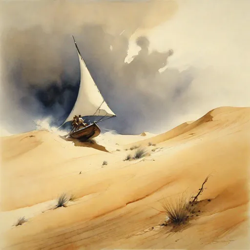 Prompt: small sail boat, single man, riding desert dunes, outrunning sand storm, watercolour by frank frazetta