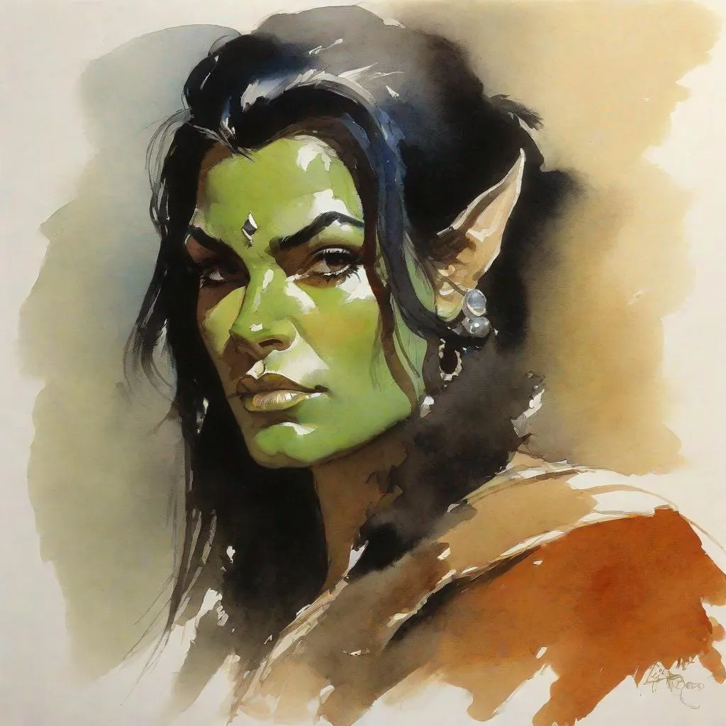 Prompt: half orc female portrait, watercolor by Frank Frazetta --ar 32:18 --v 5 --s 750 --q 2