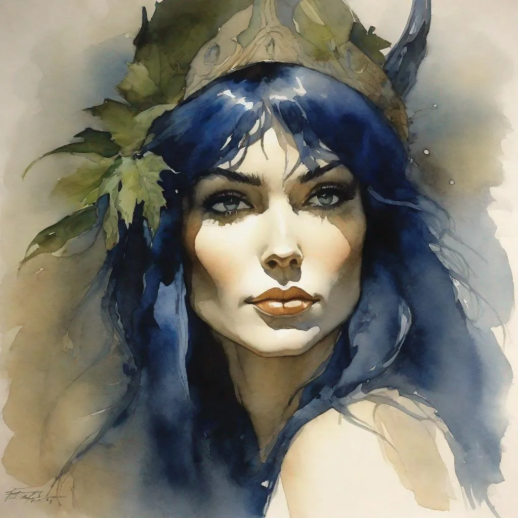 Prompt: wood elf, woman, dark blue hair,  druid, portrait watercolour by frank frazetta