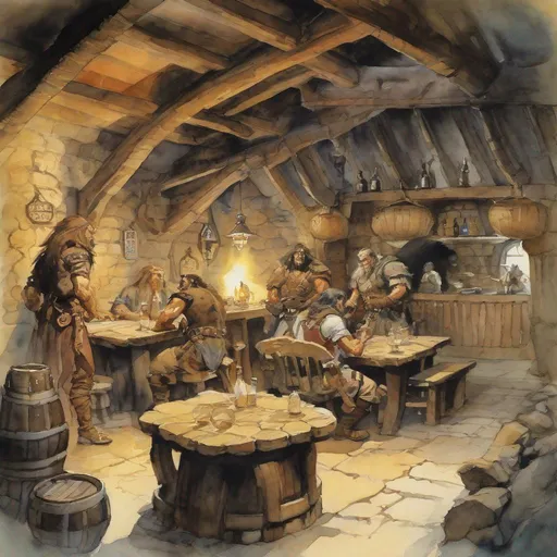 Prompt: dnd scene map, fantasy, interior of a tavern, watercolour by frank frazetta