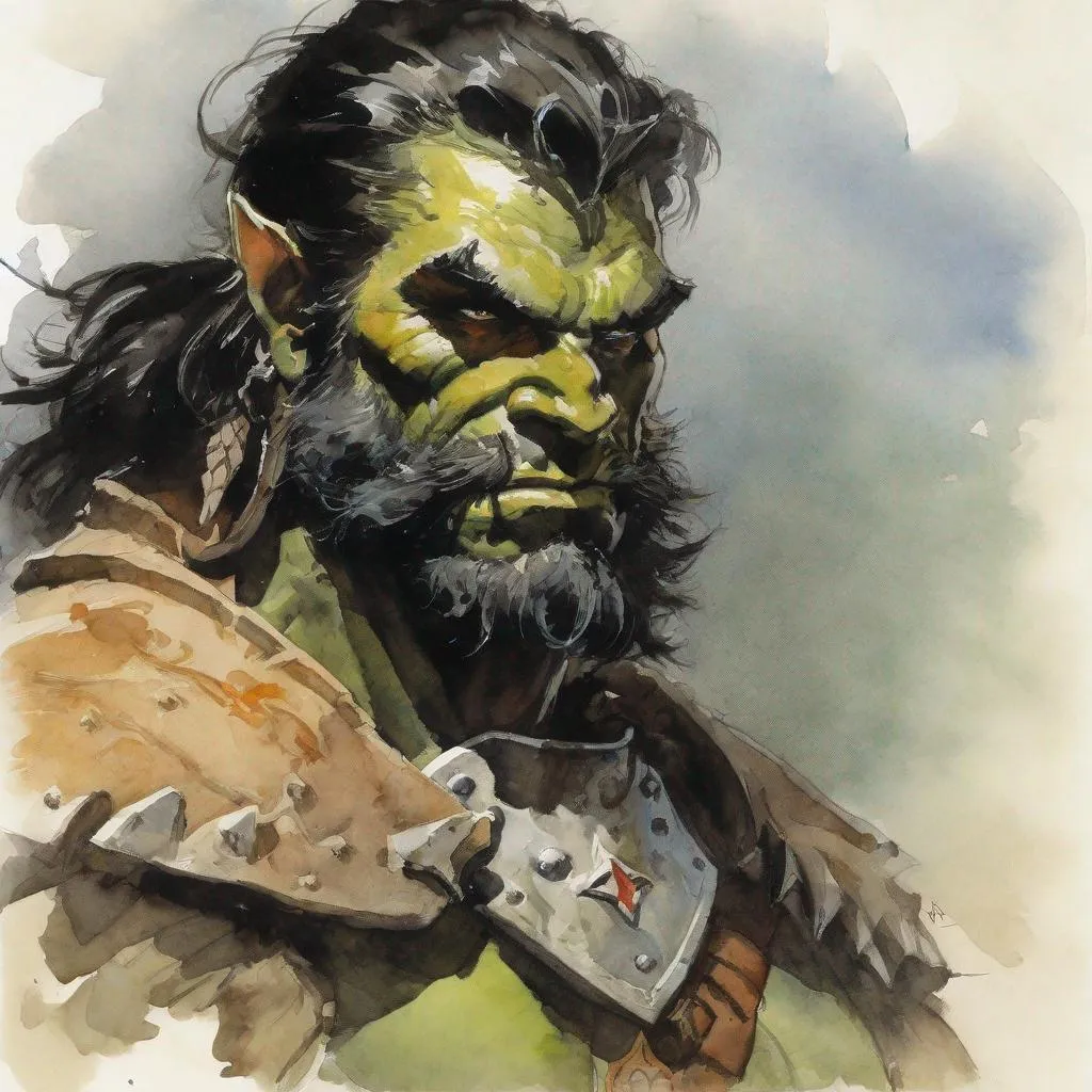 Prompt: half orc, beard, paladin, portrait, watercolour by frank frazetta