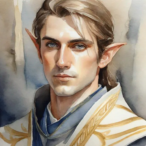 Prompt: high elf, man, young, acolyte, cleric, portrait , watercolour