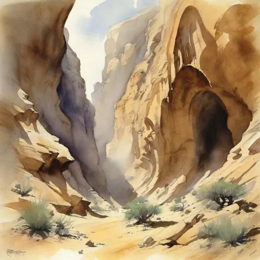 Prompt: dnd scene map, desert canyon, watercolour by frank frazetta