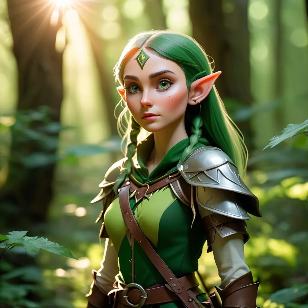 Prompt: Elf ranger in a mystical forest around sunlight