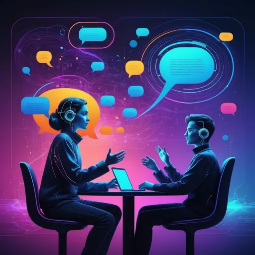 Prompt: (ai chatting) artistic concept, digital illustration, vibrant colors, futuristic theme, dynamic text bubbles, engaging dialogue, illuminated background, high-tech atmosphere, modern design, friendly vibe, ultra-detailed, crisp lines, visual representation of interaction between AI and user, immersive and intriguing composition.