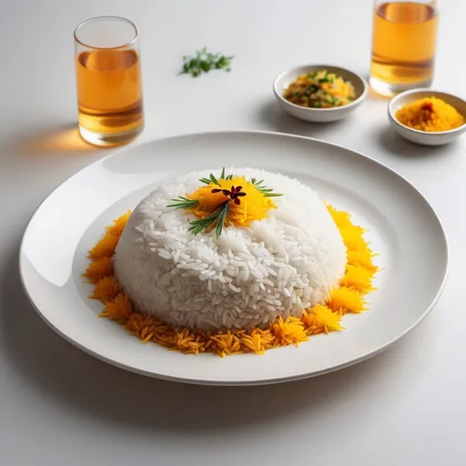 Prompt: photorealistic, a full view of (Iranian white rice dish), beautifully decorated with a small amount of (saffron rice) and surrounded by a few elegant pieces of (saffron), served on a pristine (white ceramic plate), side view, soft natural lighting, subtle shadows, inviting and appetizing ambiance, ultra-detailed, vibrant textures, clean and simple presentation.