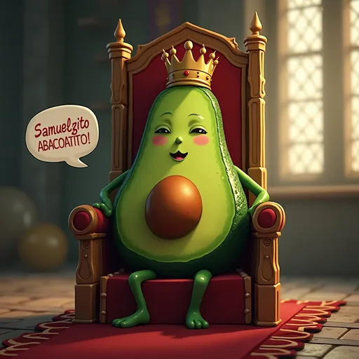 Prompt: Um abacate sentado em um trono de rei em um castelo e o abacate falando:Samuelzito ABACATITO! 