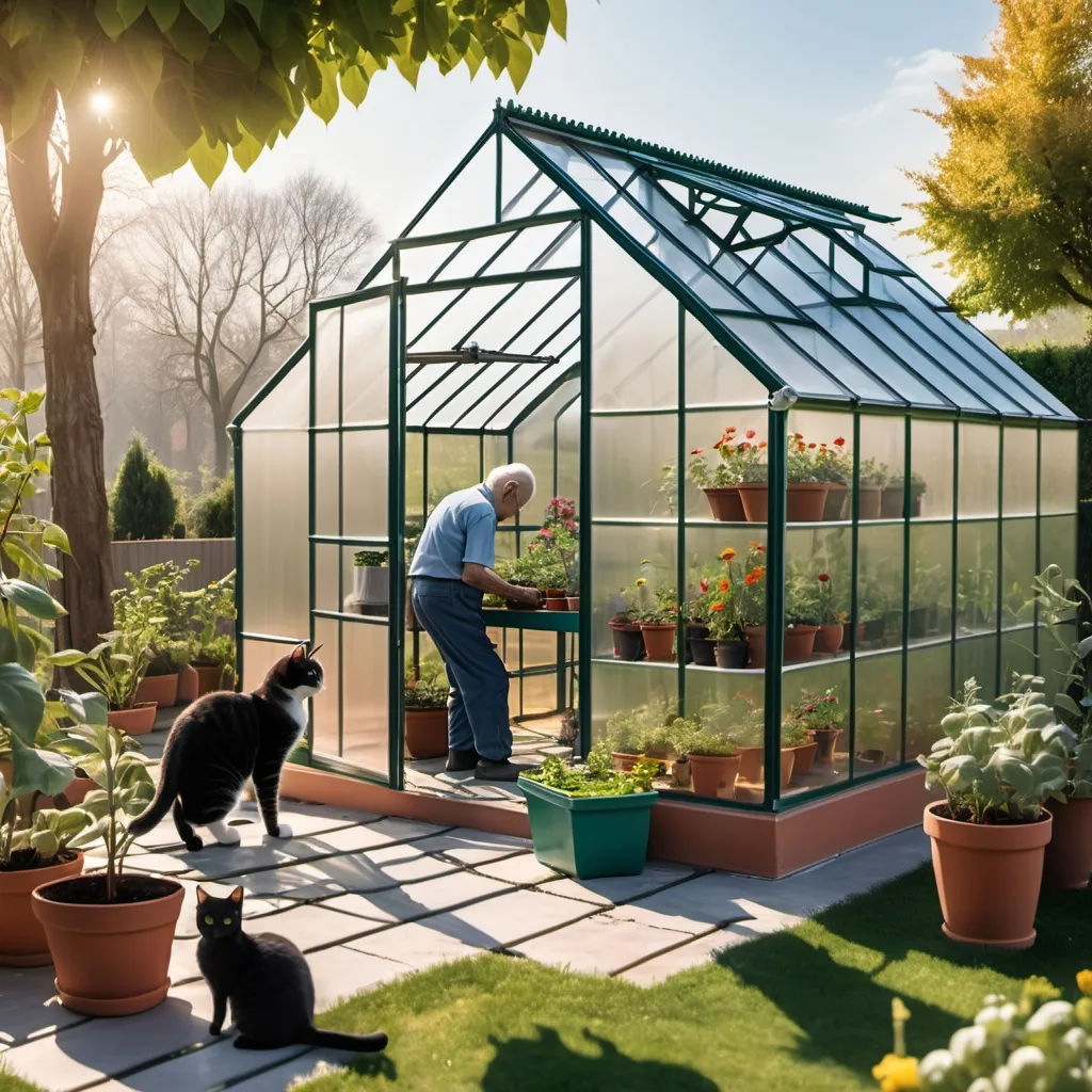 Prompt: Image of a greenhouse in the yard of a villa made of polycarbonate sheets, with a cat next to the greenhouse, along with a grandfather and grandson who are busy planting flowers.