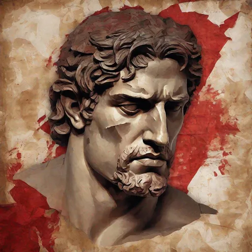 Prompt: Greek Male hero with classical beauty, half face from neck to nose, one eye, torn art, collage with red highlights, cut old paper backdrop, bold brushstroke, gritty texture, mythological, highres, classical beauty, torn art, red highlights, bold brushstroke, gritty texture, mythological, intense gaze, detailed facial features, classical medium, dramatic lighting