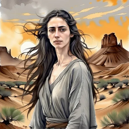 Prompt: Create an image of Zamnaput, a thirty-six year old woman in a coarse, pale grey tunic that symbolizes her past as an anchoress. Her skin is tan coloured, and her long hair flows down in soft waves, the color dark brown. Her eyes are a deep brown. Her face is somewhat coarse, gaunt and angled. She stands in a serene but commanding pose, her expression a mix of joy and resolve, as if embracing her newfound freedom. The background features an oasis with lush greenery contrasting the harsh desert landscape, symbolizing her transition from confinement to liberation. The sky is painted in soft, warm colors of dawn, hinting at the new beginnings she is about to experience.