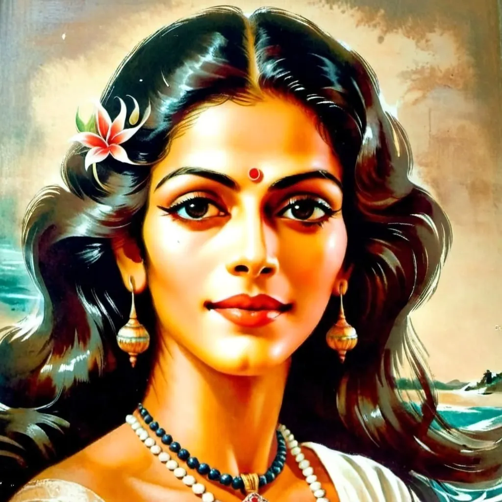 Prompt: A portrait of a woman named Savitri with dark, deep eyes and a serene expression. She has long, flowing hair and is wearing a pearl necklace. Her skin tone is warm and rich, and her features are soft and elegant, embodying a sense of quiet grace and beauty. Her gaze is calm yet intense, capturing an essence of wisdom and inner strength.