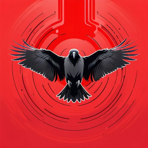 Prompt: Solid bright red banner with a flying raven silhouette, front view, symmetric, head turned to one side, high quality, minimalist, silhouette art, vibrant red