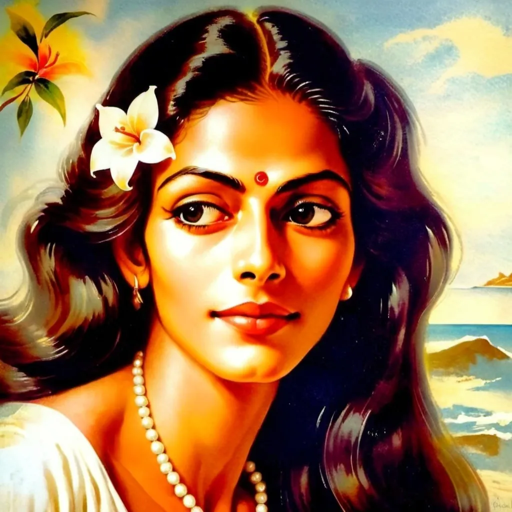 Prompt: A portrait of a woman named Savitri with dark, deep eyes and a serene expression. She has long, flowing hair and is wearing a pearl necklace. Her skin tone is warm and rich, and her features are soft and elegant, embodying a sense of quiet grace and beauty. Her gaze is calm yet intense, capturing an essence of wisdom and inner strength.