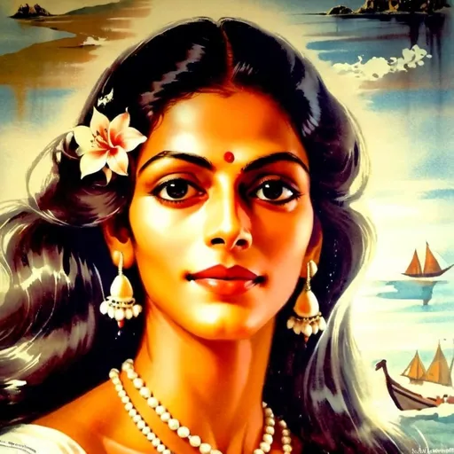 Prompt: A portrait of a woman named Savitri with dark, deep eyes and a serene expression. She has long, flowing hair and is wearing a pearl necklace. Her skin tone is warm and rich, and her features are soft and elegant, embodying a sense of quiet grace and beauty. Her gaze is calm yet intense, capturing an essence of wisdom and inner strength.