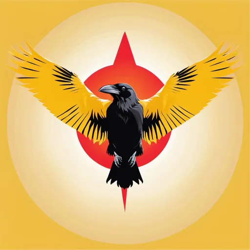 Prompt: Solid golden-yellow banner with a flying raven silhouette, front view, symmetric, head facing ahead, high quality, detailed, minimalist, silhouette art, vibrant red