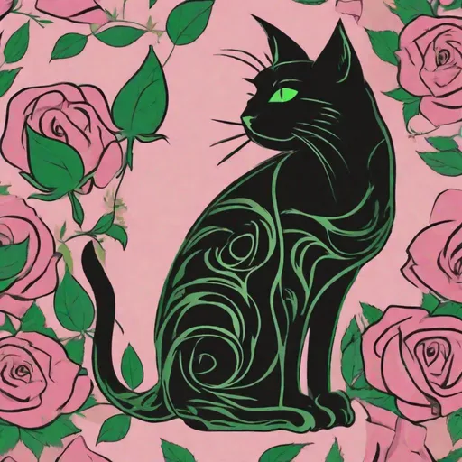 Prompt: Fag design with rose background + black silhouette of cat with green eye. Cat’s side profile is shown, head to neck (no body). The green eye is light green with black slit for pupil. The rose background is between dark and light rose.
