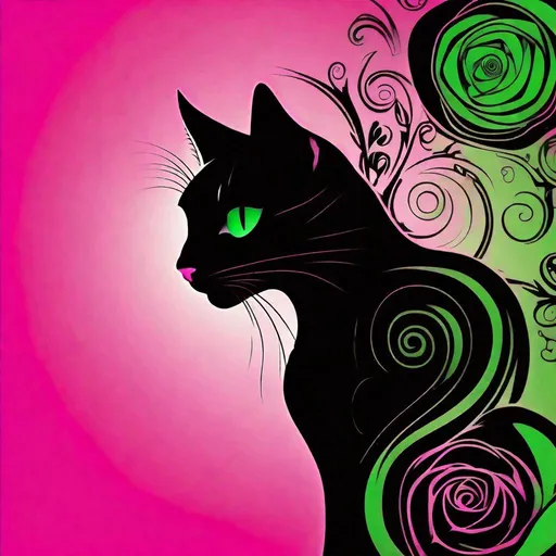 Prompt: Deep pink background + black silhouette of cat with green eye with stylised green spirals on body. Cat’s side profile is shown, head turned. The green eye is light green with black slit for pupil. The rose background is between dark and light rose.