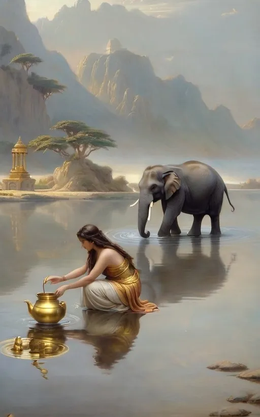 Prompt: A woman kneeling down in the water with an elephant standing behind her and a gold pot in the water, Christophe Vacher, magical realism, classical painting, a fine art painting