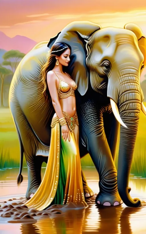 Prompt: (serene dawn scene), woman, (bejeweled) attire, (picking up mud), mud transforming into gold, (elephant towering above her), soft and warm(color tones), calm and tranquil ambiance, gentle illumination, lush green surroundings, (ultra-detailed), (magical realism), evoking a sense of wonder and beauty, stunningly atmospheric