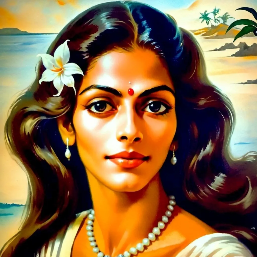 Prompt: A portrait of a woman named Savitri with dark, deep eyes and a serene expression. She has long, flowing hair and is wearing a pearl necklace. Her skin tone is warm and rich, and her features are soft and elegant, embodying a sense of quiet grace and beauty. Her gaze is calm yet intense, capturing an essence of wisdom and inner strength.