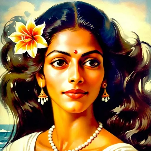 Prompt: A portrait of a woman named Savitri with dark, deep eyes and a serene expression. She has long, flowing hair and is wearing a pearl necklace. Her skin tone is warm and rich, and her features are soft and elegant, embodying a sense of quiet grace and beauty. Her gaze is calm yet intense, capturing an essence of wisdom and inner strength.