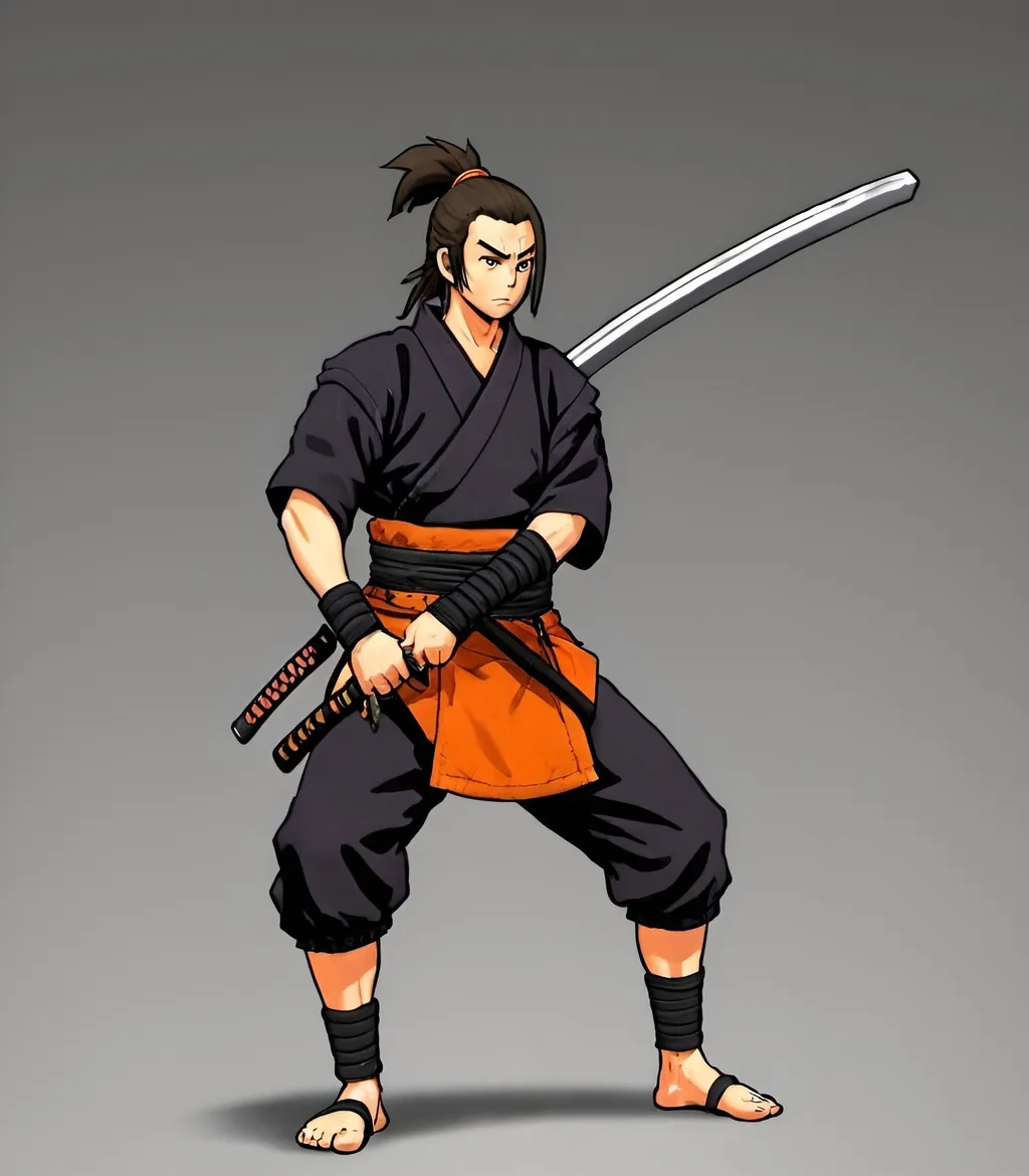 Prompt: A shinobi be one's feet, looking at right, hands on his katana, his katana in scabbard, his feet in sandals, he wearing brown and orange, his hair is ponytail
