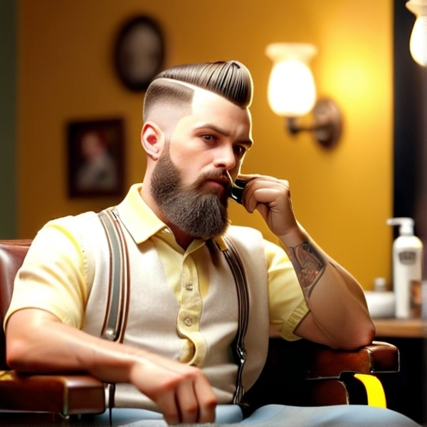 Prompt: The barber is cutting a man's hair, an American, with a yellow cordless clipper in his hand, the clipper looks like the one in the photo I uploaded