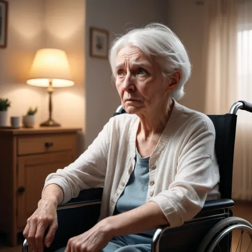 Prompt: Illustrative 8k HD, A short, white-haired old woman who sits in a wheelchair look shock. The room is softly lit, creating a warm and tender atmosphere 