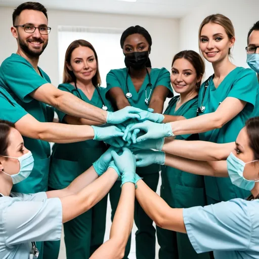 Prompt: Nursing team and medical staff all gathered, motivated to give their best work, happy about their jobs, hands held in together, medical gloves are being worn by some of them


