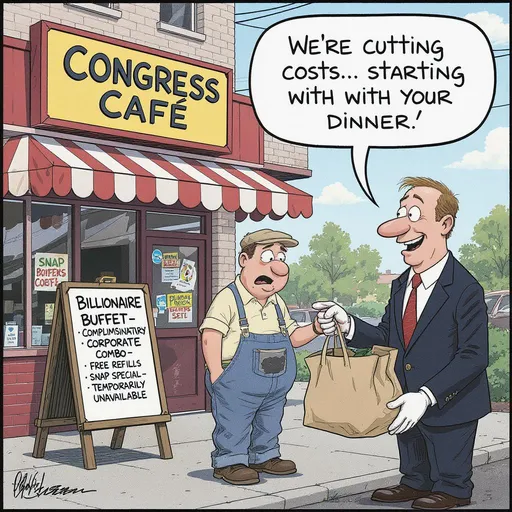 Prompt: “Congress Café” — Revised Prompt:
A cartoon of a diner called “Congress Café” with a menu board outside that reads:

Billionaire Buffet — Complimentary

Corporate Combo — Free Refills

SNAP Special — Temporarily Unavailable

A confused Pennsylvanian in work clothes stands nearby holding a grocery bag with barely anything inside.
A smiling server in a suit says: “We’re cutting costs… starting with your dinner.”