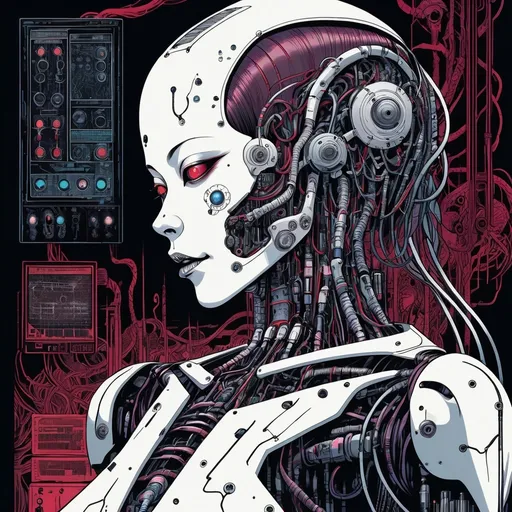 Prompt: cyborg with modular synth, Japanese horror illustration,