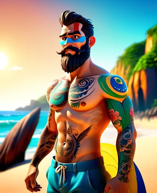 Prompt: Disney Pixar character, (3D render style), a Brazilian man with a beard and tattoos on his chest, standing on a vibrant beach in Brazil, (highly detailed), (Dan Luvisi inspired), (digital art), (fan art), (concept art), dramatic and cinematic colors, warm sunlight creating beautiful shadows, dynamic, captivating atmosphere, (HD).