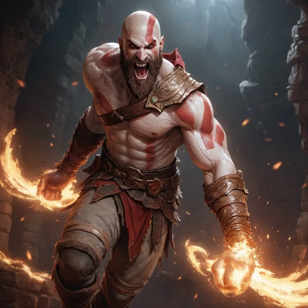 Prompt: Kratos jumping with glee, pixel art, 4k, dungeons and dragons, fantasy art, overjoyed expression, wink and sparkle, dynamic pose, detailed armor, atmospheric lighting