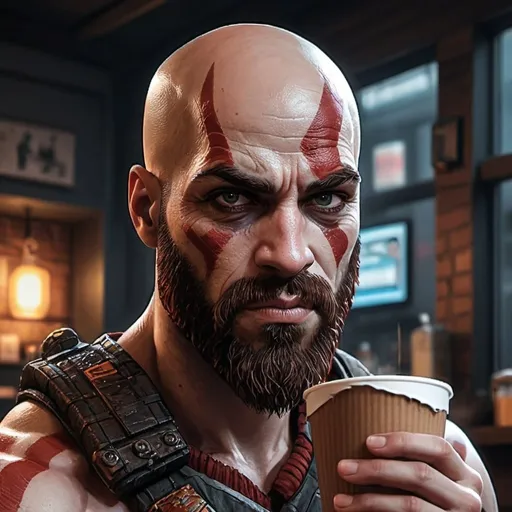 Prompt: Anime pixel art of Kratos in a cyberpunk coffee shop, highly detailed, HD, dark background, pixel art, cyberpunk, Kratos character, coffee shop, intense expression, high quality, detailed, dark atmosphere