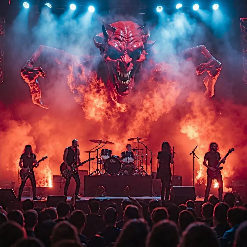 Prompt: hard rock band, death metal, sick drum kit in the background on a stage with concert lighting (clear, red , purple, orange and blue), a red devil surround the entirety of the image and above the drum kit, and arms of the devil are out to take and destroy whatever is in front of him. Guitars, amps flying through the air, and a silhouette of concert goers in front of the stage and silhouettes of the band players. Chaos. Event is a dark space with limited concert lighting and the band members have long hair and skinny builds. There is active mosh pit in the audience. --s 750