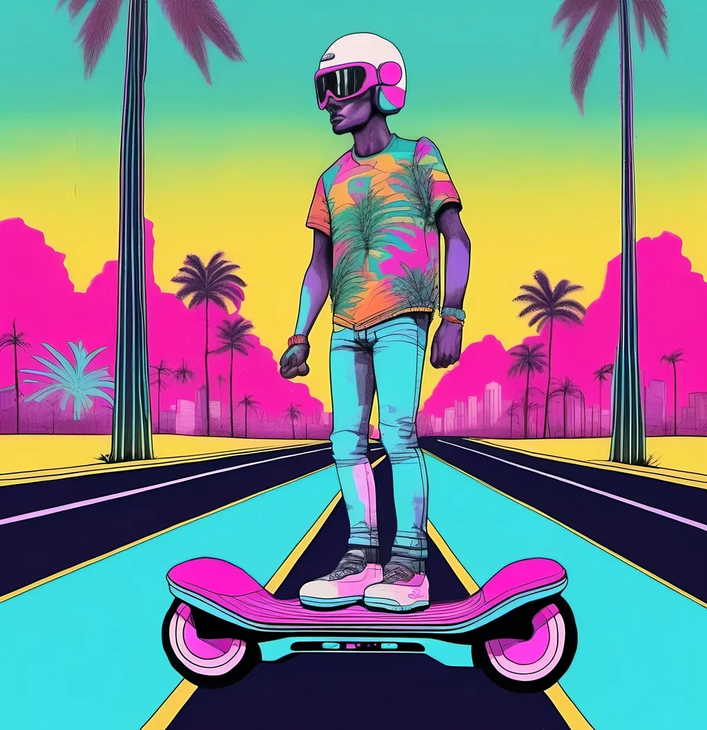 Prompt: retro 80s art, 2 men on hoverboards down a highway with palm trees on the side of the road, retro art, synthwave, city view in the background, highly detailed
