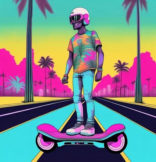 Prompt: retro 80s art, 2 men on hoverboards down a highway with palm trees on the side of the road, retro art, synthwave, city view in the background, highly detailed
