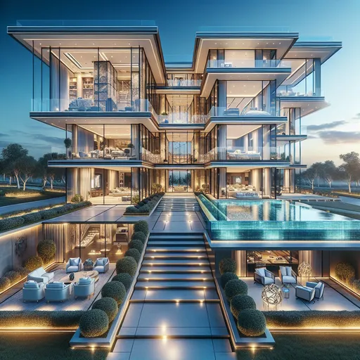 Prompt: luxury mansion, modern architectural style, opulent finishes, dazzling, perfect landscaping, infinity pool, glass architecture, natural light, panoramic view, 35,000 sq. ft., misc-architectural, high-end, opulent, panoramic, luxurious, modern, glass, infinity pool, detailed, professional, atmospheric lighting