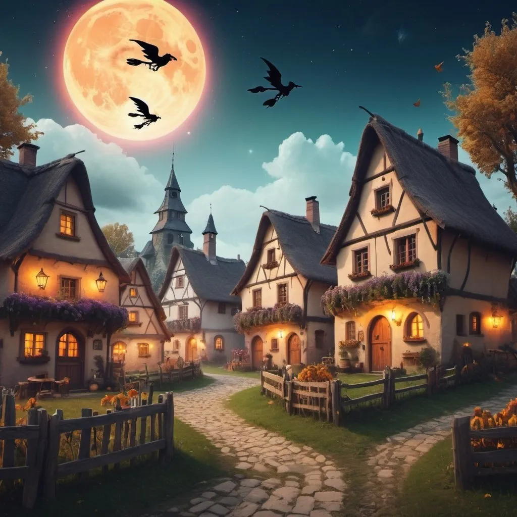 Prompt: magical village with witches flying over