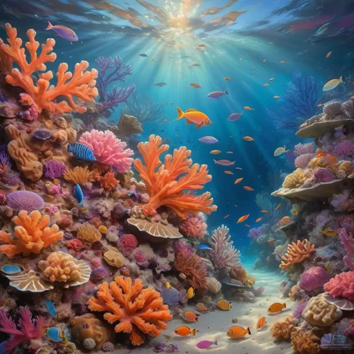 Prompt: (vibrant) Seabed filled with colorful coral, surrounded by diverse marine life, richly textured underwater landscape, soft light filtering from above, creating a serene and magical ambiance, high detail depiction of corals in bright oranges, blues, pinks, and purples, (ultra-detailed) shimmering water, small fish darting between corals, shadows dancing on the seafloor, bringing life to the underwater scene.